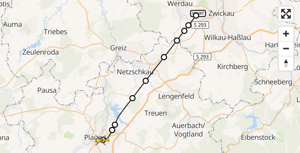 Flugroute Rettungshubschrauber ADAC Air Rescue Station Zwickau Hubschrauberlandeplatz - Helios Clinic Plauen, 06 August 2026, 12:42