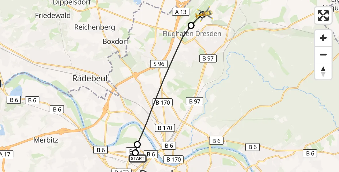 Flugroute Rettungshubschrauber Dresden Friedrichstadt Hospital - Dresden Bundespolizei Hubschrauberlandeplatz, 06 August 2026, 12:42