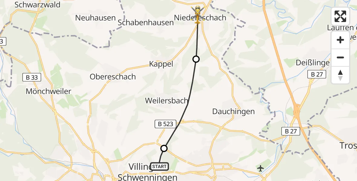 Flugroute Ambulanzhubschrauber DRF Air Rescue Station Villingen-Schwenningen Hubschrauberlandeplatz (Christoph 11) - Niedereschach, 06 August 2026, 12:43