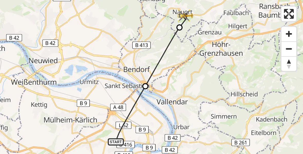 Flugroute Rettungshubschrauber Koblenz - Nauort, 06 August 2026, 12:44