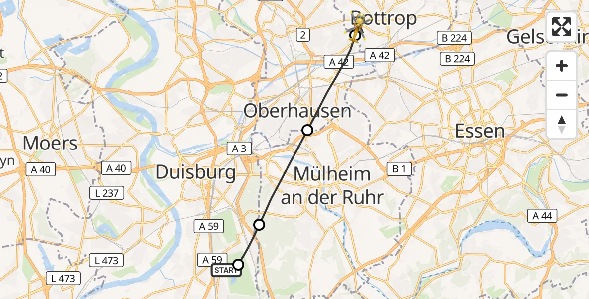Flugroute Rettungshubschrauber Duisburg Air Rescue Hubschrauberlandeplatz (Christoph 9) - Bottrop, 06 August 2026, 12:53