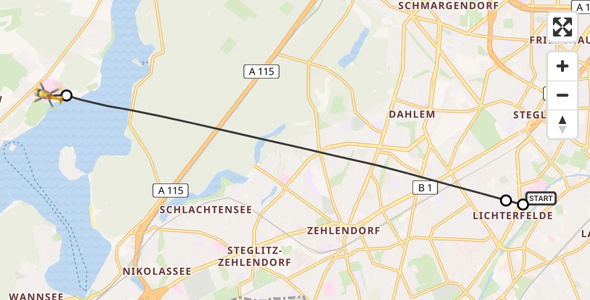 Flugroute Rettungshubschrauber Charité Clinic Benjamin Franklin Campus - Havelhöhe Medical Hubschrauberlandeplatz, 06 August 2026, 13:09