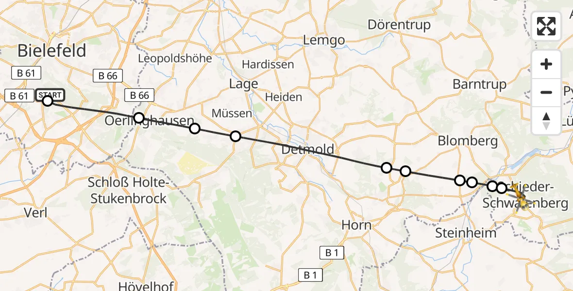 Flugroute Rettungshubschrauber Luftrettungszentrum Bielefeld - Schieder-Schwalenberg, 06 August 2026, 13:14