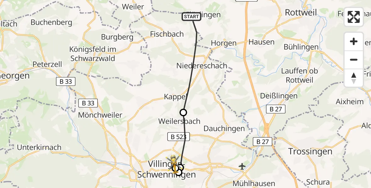 Flugroute Ambulanzhubschrauber Niedereschach - DRF Air Rescue Station Villingen-Schwenningen Hubschrauberlandeplatz (Christoph 11), 06 August 2026, 13:15