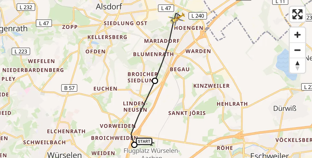 Flugroute Rettungshubschrauber Aachen-Merzbrück Flughafen - Alsdorf, 06 August 2026, 13:18
