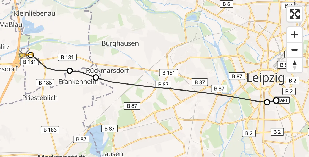 Flugroute Rettungshubschrauber Leipzig University Hospital Heliport 1 - ADAC Air Rescue Station Leipzig/Schkeuditz-Dölzig Hubschrauberlandeplatz (Christoph 61), 06 August 2026, 13:21
