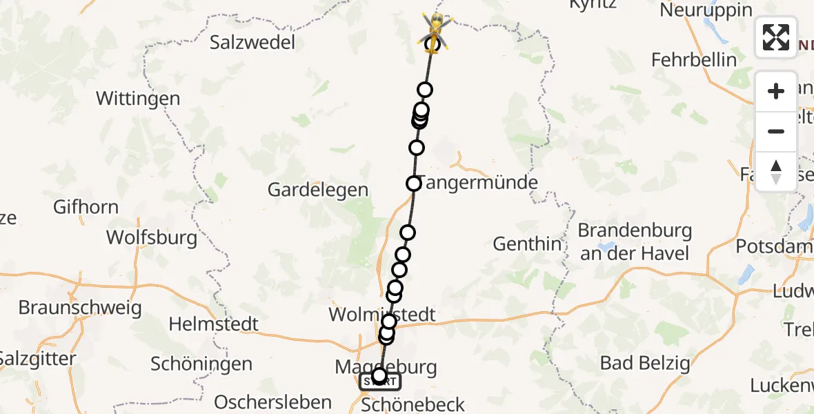 Flugroute Rettungshubschrauber Magdeburg University Hospital - Seehausen (Altmark), 06 August 2026, 13:22
