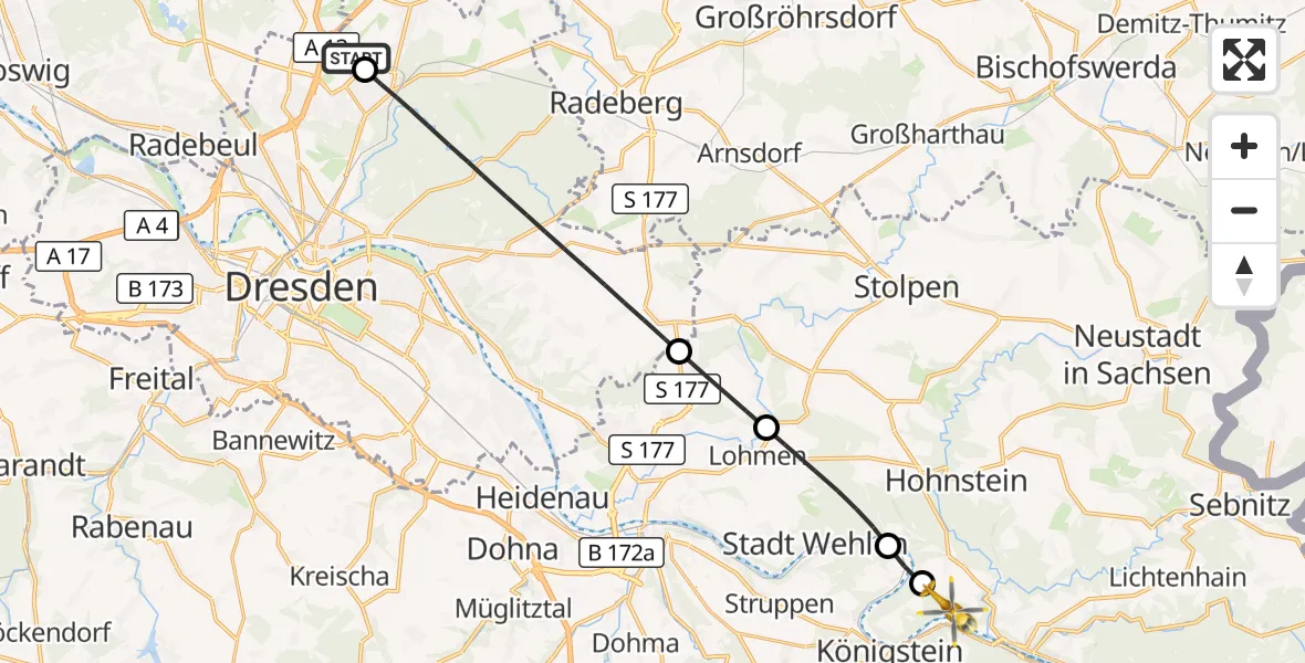 Flugroute Rettungshubschrauber Dresden Flughafen - Bad Schandau, 06 August 2026, 13:26