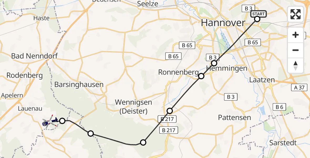Flugroute Polizeihubschrauber Hannover Luftrettung Hubschrauberlandeplatz (Christoph 4) - Messenkamp, 06 August 2026, 13:28
