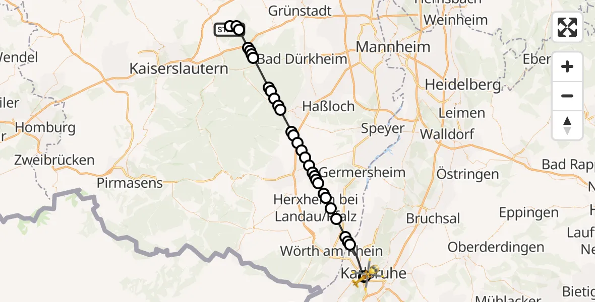 Flugroute Ambulanzhubschrauber Neuhemsbach - Sankt Vincentius Hospital, 06 August 2026, 13:28
