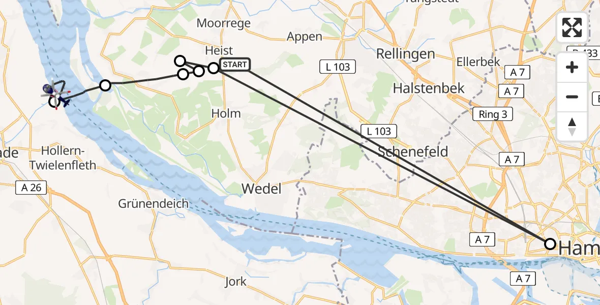 Flugroute Polizeihubschrauber Heist - Stade, 06 August 2026, 13:29