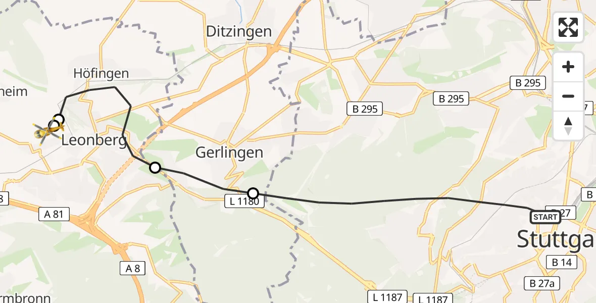 Flugroute Rettungshubschrauber Stuttgart - Leonberg Hospital, 06 August 2026, 13:32