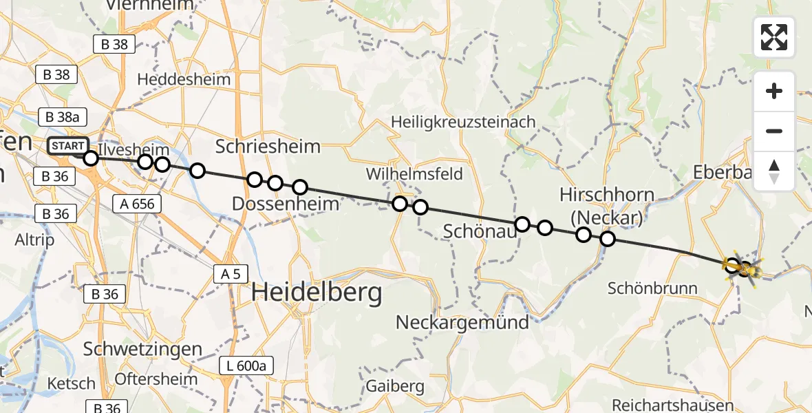 Flugroute Rettungshubschrauber Mannheim-City Flughafen - Neunkirchen, 06 August 2026, 13:34
