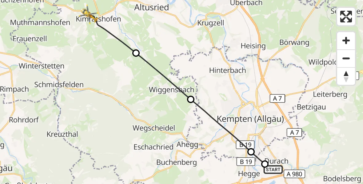Flugroute Rettungshubschrauber Kempten-Durach Flugplatz - Altusried, 06 August 2026, 13:37