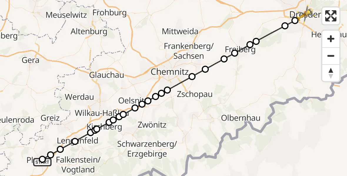 Flugroute Rettungshubschrauber Helios Clinic Plauen - Dresden, 06 August 2026, 13:39