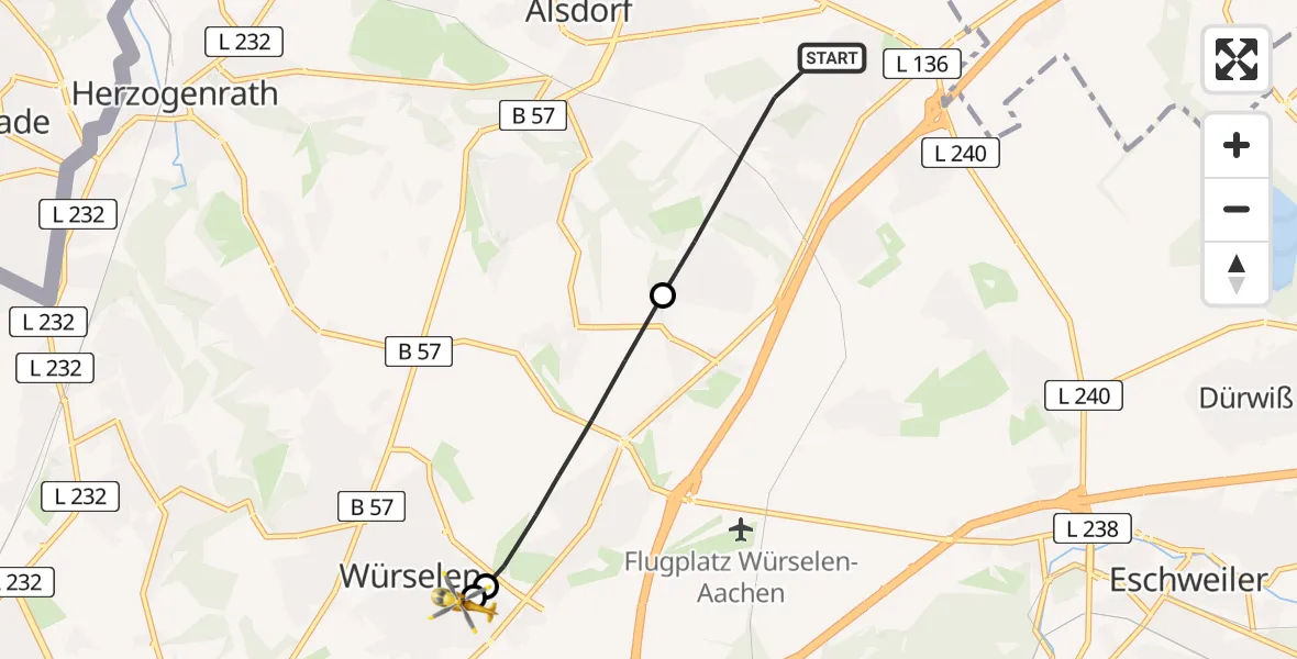 Flugroute Rettungshubschrauber Alsdorf - Rhein-Maas Hospital, 06 August 2026, 13:39