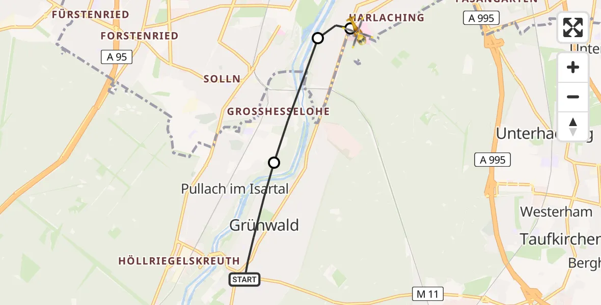 Flugroute Rettungshubschrauber Grünwald - ADAC Air Rescue Center Hubschrauberlandeplatz (Christoph 1), 06 August 2026, 13:49