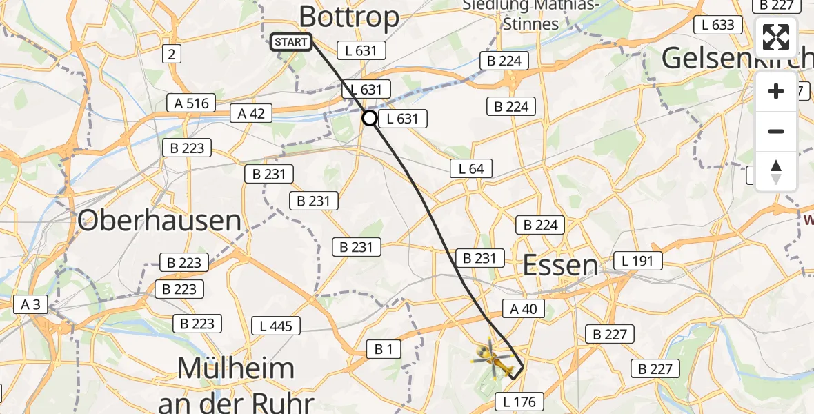 Flugroute Rettungshubschrauber Bottrop - Essen, 06 August 2026, 13:49