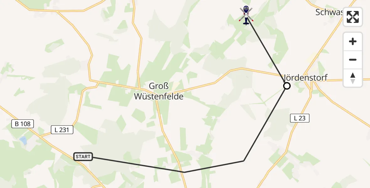 Flugroute Polizeihubschrauber Groß Wüstenfelde - Jördenstorf, 06 August 2026, 13:50