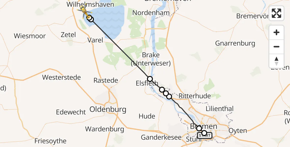 Flugroute Rettungshubschrauber Bremen - Wilhelmshaven, 06 August 2026, 13:50