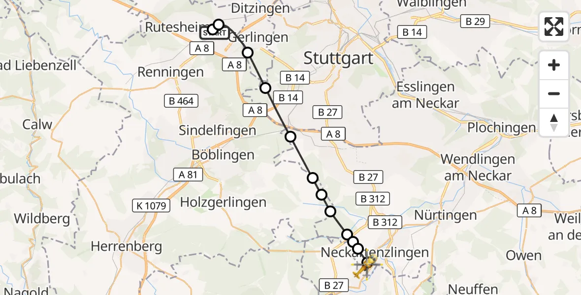 Flugroute Rettungshubschrauber Leonberg Hospital - Neckartenzlingen, 06 August 2026, 13:59