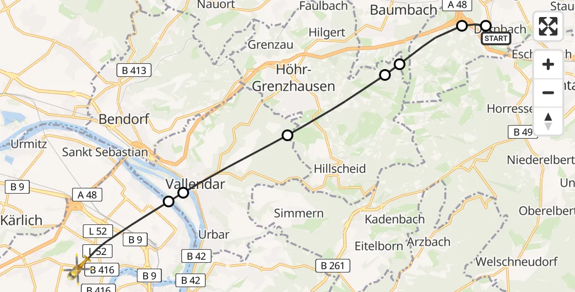 Flugroute Rettungshubschrauber Dernbach Sacred Heart Hospital - Koblenz, 06 August 2026, 14:00