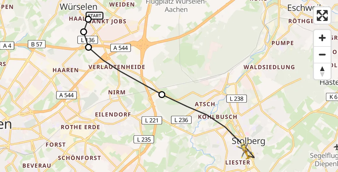 Flugroute Rettungshubschrauber Rhein-Maas Hospital - Stolberg (Rhld.), 06 August 2026, 14:06