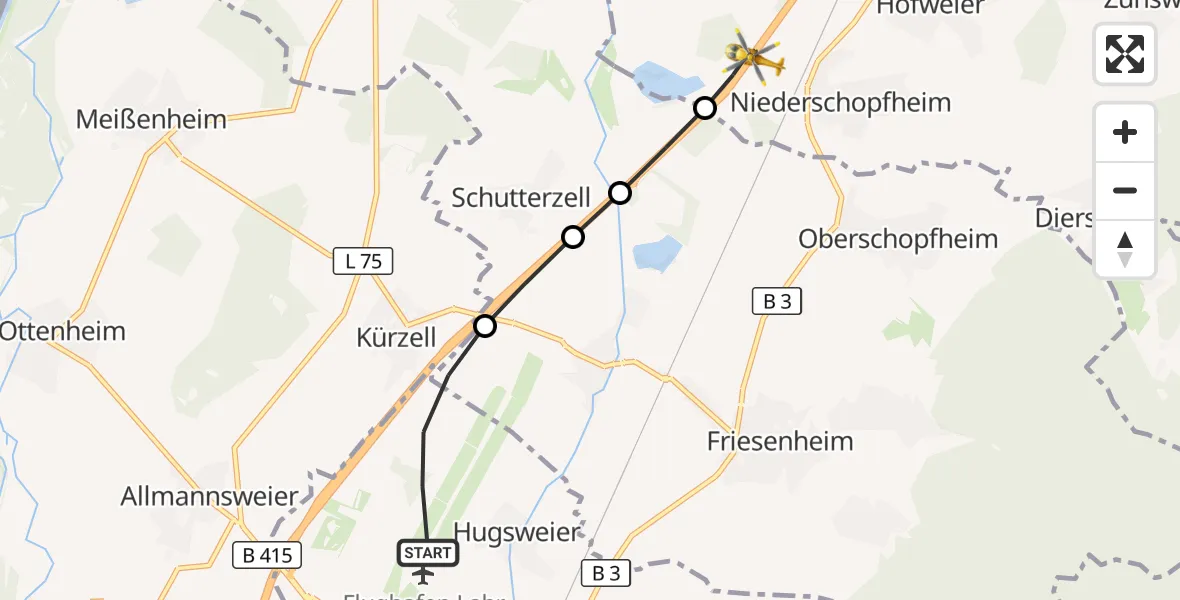 Flugroute Rettungshubschrauber Lahr Flughafen - Hohberg, 06 August 2026, 14:06