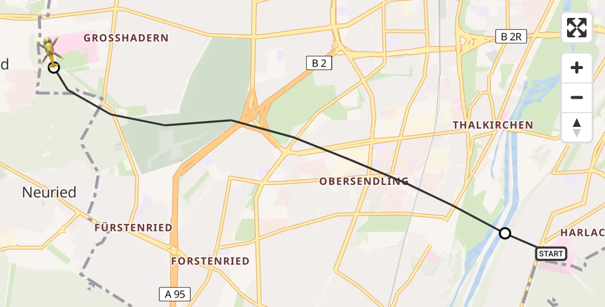 Flugroute Rettungshubschrauber ADAC Air Rescue Center Hubschrauberlandeplatz (Christoph 1) - DRF Air Rescue München Hubschrauberlandeplatz, 06 August 2026, 14:07