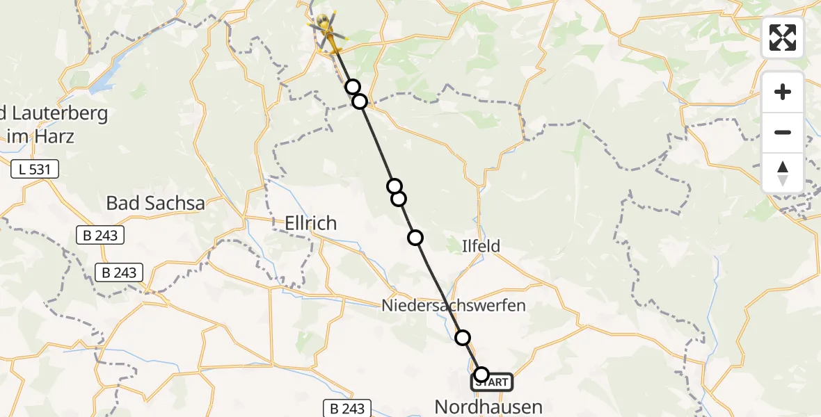 Flugroute Rettungshubschrauber Südharz Hospital Nordhausen - Oberharz am Brocken, 06 August 2026, 14:09