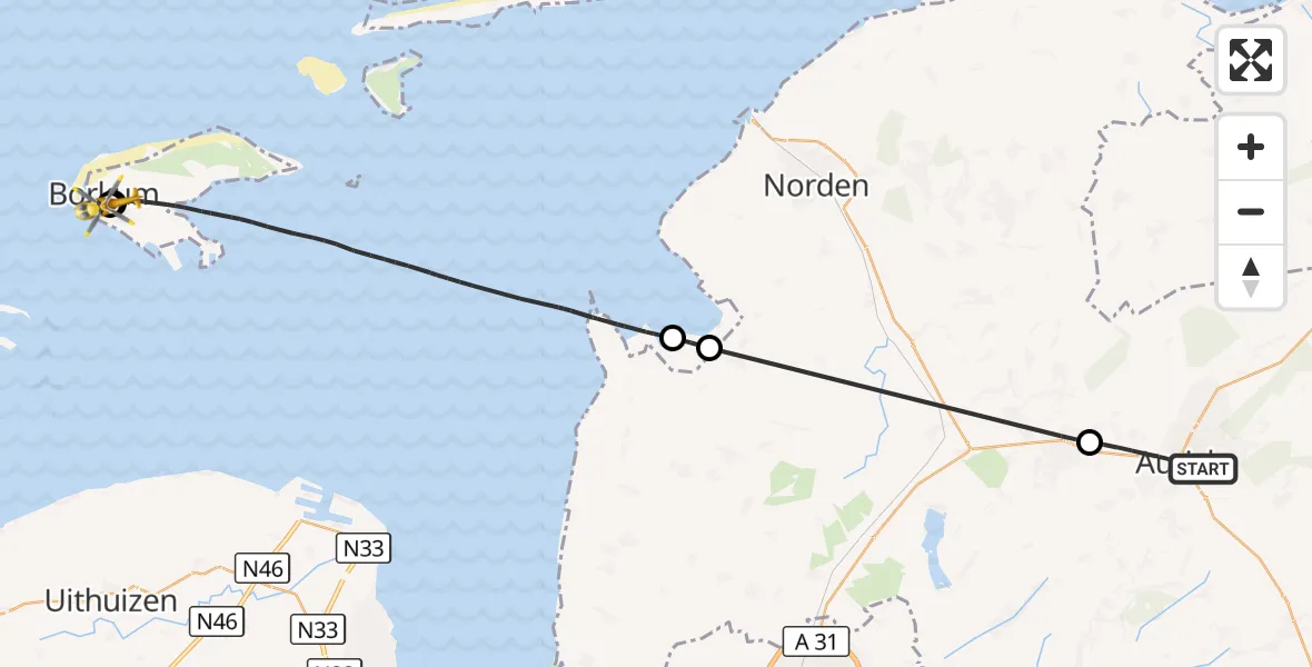 Flugroute Ambulanzhubschrauber Aurich - Borkum Island Hospital, 06 August 2026, 14:12