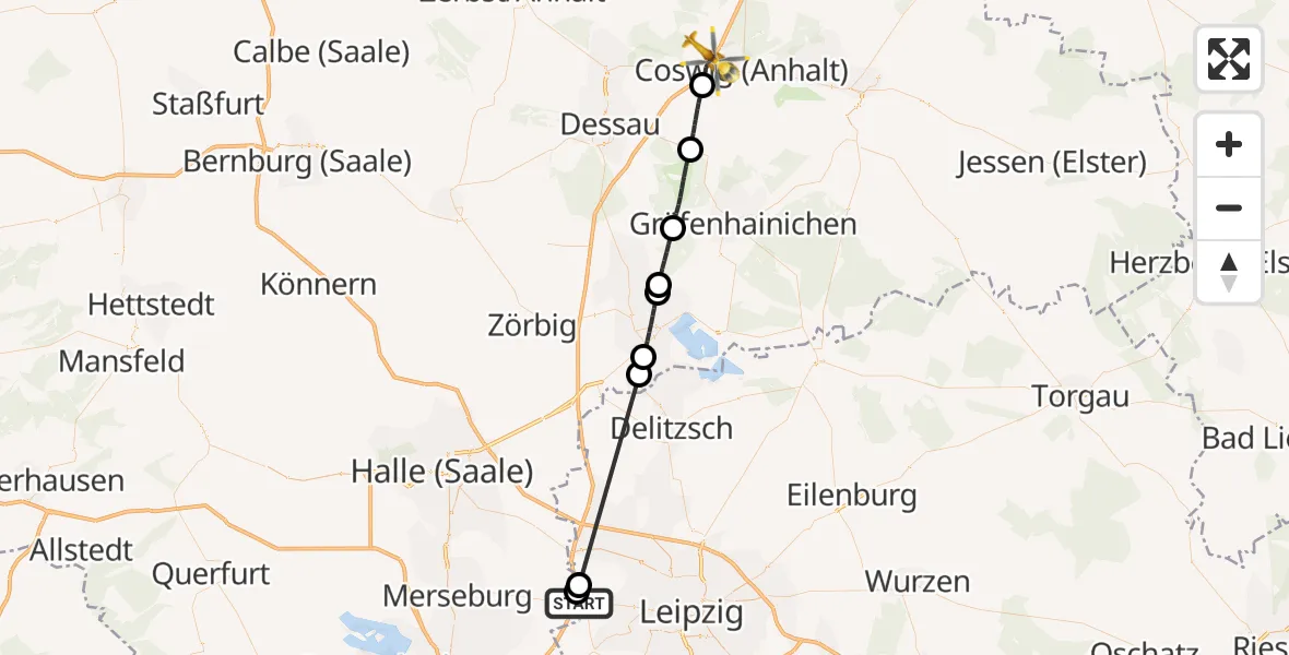 Flugroute Rettungshubschrauber ADAC Air Rescue Station Leipzig/Schkeuditz-Dölzig Hubschrauberlandeplatz (Christoph 61) - Coswig (Anhalt), 06 August 2026, 14:13