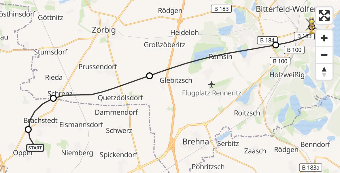 Flugroute Rettungshubschrauber Landsberg - Bitterfield-Wolfen Health Center Hubschrauberlandeplatz, 06 August 2026, 14:21