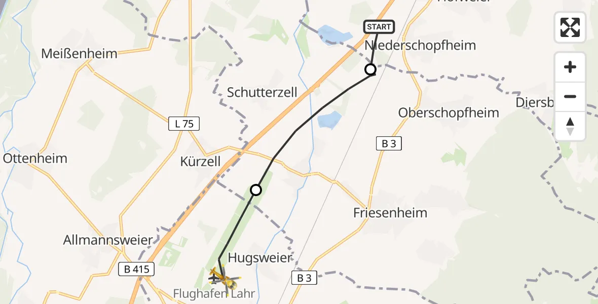 Flugroute Rettungshubschrauber Hohberg - Lahr Flughafen, 06 August 2026, 14:40