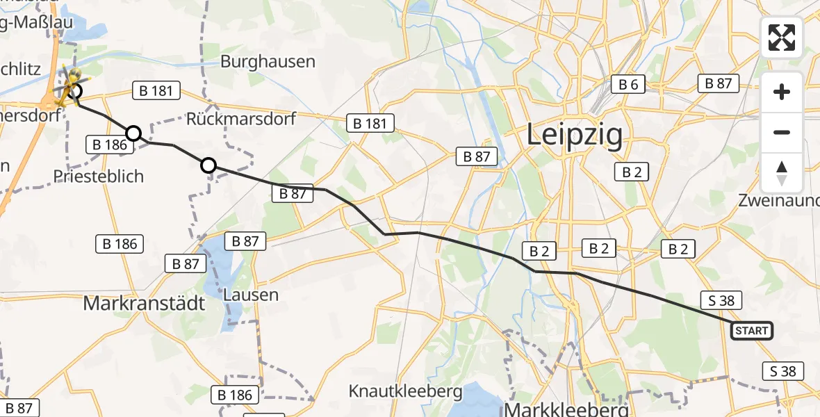 Flugroute Rettungshubschrauber Leipzig - ADAC Air Rescue Station Leipzig/Schkeuditz-Dölzig Hubschrauberlandeplatz (Christoph 61), 06 August 2026, 14:42