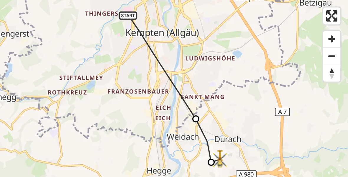 Flugroute Rettungshubschrauber Kempten (Allgäu) - Kempten-Durach Flugplatz, 06 August 2026, 14:43