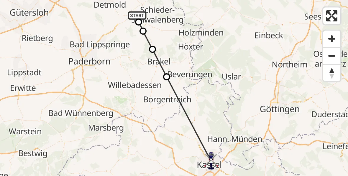 Flugroute Polizeihubschrauber Horn-Bad Meinberg - Kassel, 06 August 2026, 14:45