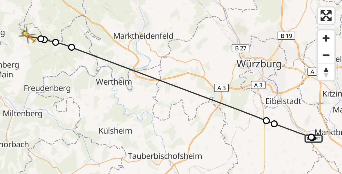 Flugroute Rettungshubschrauber Ochsenfurt Hospital - Eschau, 06 August 2026, 14:52