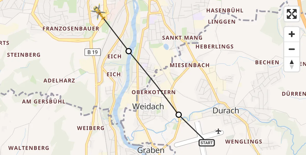 Flugroute Rettungshubschrauber Kempten-Durach Flugplatz - Kempten (Allgäu), 06 August 2026, 14:56
