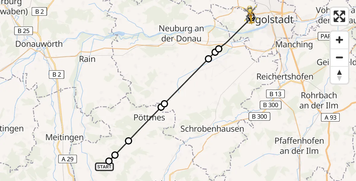 Flugroute Rettungshubschrauber Rehling - Ingolstadt Hospital, 06 August 2026, 15:07