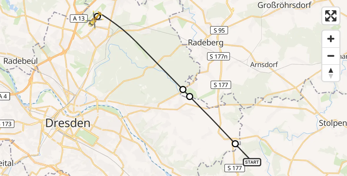 Flugroute Rettungshubschrauber Dürrröhrsdorf-Dittersbach - Dresden Bundespolizei Hubschrauberlandeplatz, 06 August 2026, 15:07