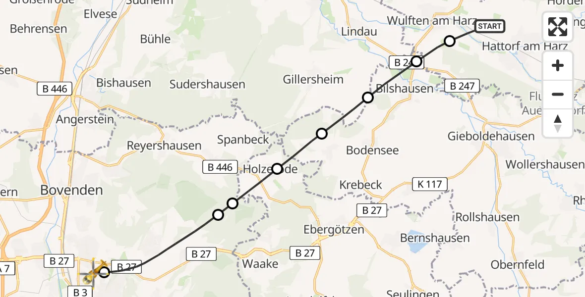 Flugroute Rettungshubschrauber Hattorf am Harz - Göttingen University Clinic Hubschrauberlandeplatz, 06 August 2026, 15:07