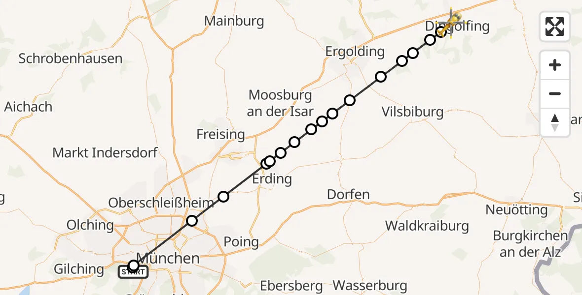 Flugroute Rettungshubschrauber DRF Air Rescue München Hubschrauberlandeplatz - Dingolfing, 06 August 2026, 15:08
