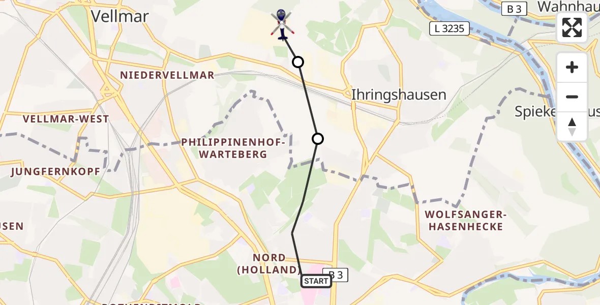 Flugroute Polizeihubschrauber Kassel - Fuldatal Bundespolizei Hubschrauberlandeplatz, 06 August 2026, 15:12