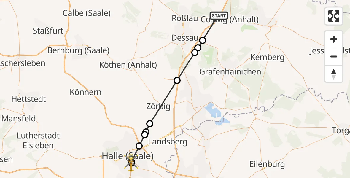 Flugroute Rettungshubschrauber Coswig (Anhalt) - BG Hospital Bergmannstrost Halle, 06 August 2026, 15:16