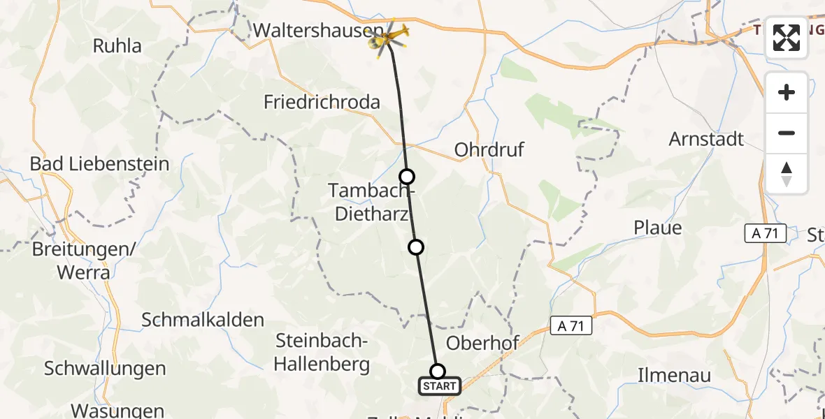 Flugroute Rettungshubschrauber Zella-Mehlis - Georgenthal, 06 August 2026, 15:16