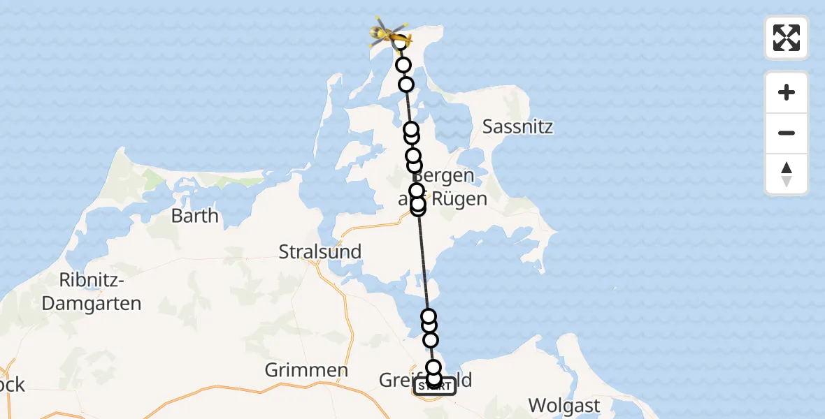 Flugroute Rettungshubschrauber Greifswald Hospital - Dranske, 06 August 2026, 15:19
