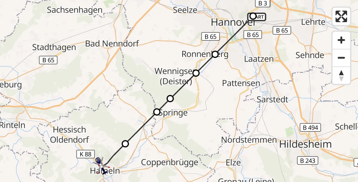 Flugroute Polizeihubschrauber Hannover Luftrettung Hubschrauberlandeplatz (Christoph 4) - Hameln, 06 August 2026, 15:23
