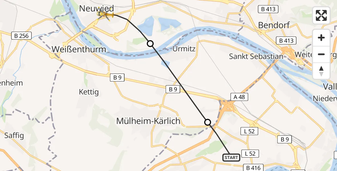 Flugroute Rettungshubschrauber Koblenz - Neuwied, 06 August 2026, 15:23