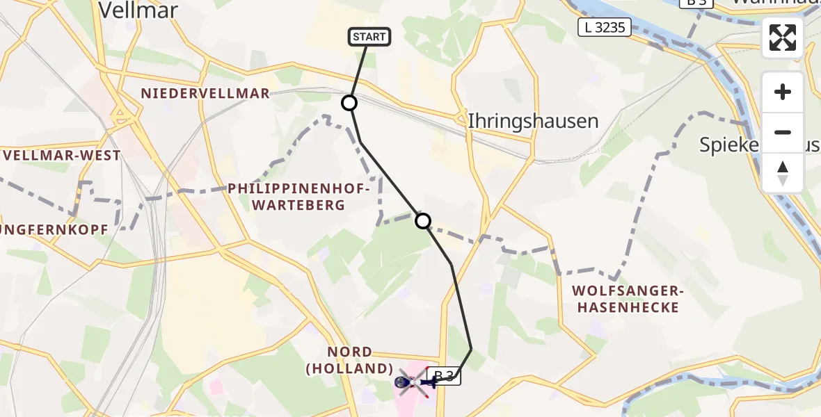 Flugroute Polizeihubschrauber Fuldatal Bundespolizei Hubschrauberlandeplatz - Kassel, 06 August 2026, 15:33